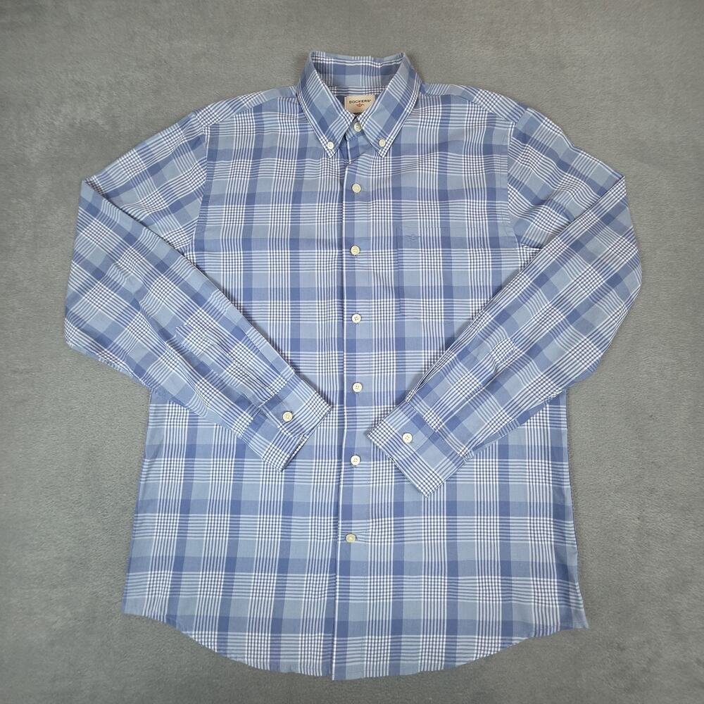 Dockers Men's Blue Plaid Button Down Shirt Medium Long Sleeve Cotton Blend